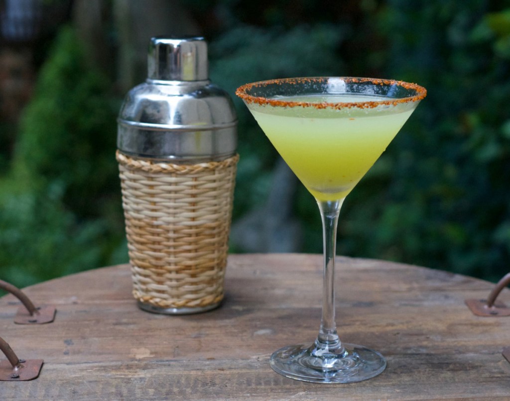A Mexican cucumber martini rimmed with Tajin from Julie's Taste Blog