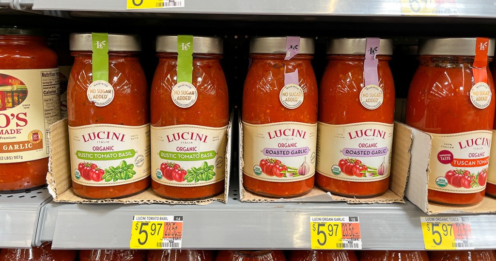 lucini pasta sauce on the shelf in the store