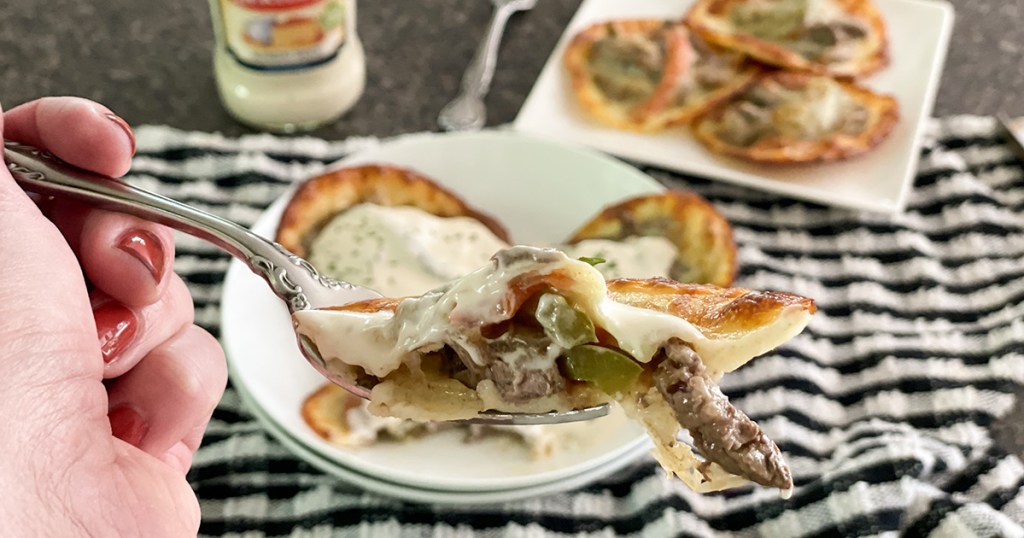 bite of Philly cheesesteak keto ravioli 