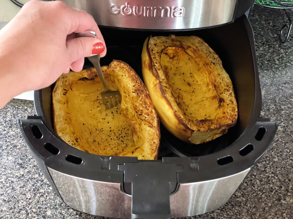 using fork to check air fryer spaghetti squash