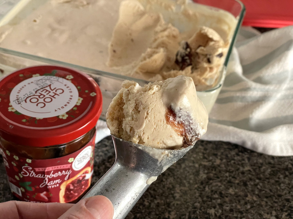 Keto PB&J Ice cream on scoop