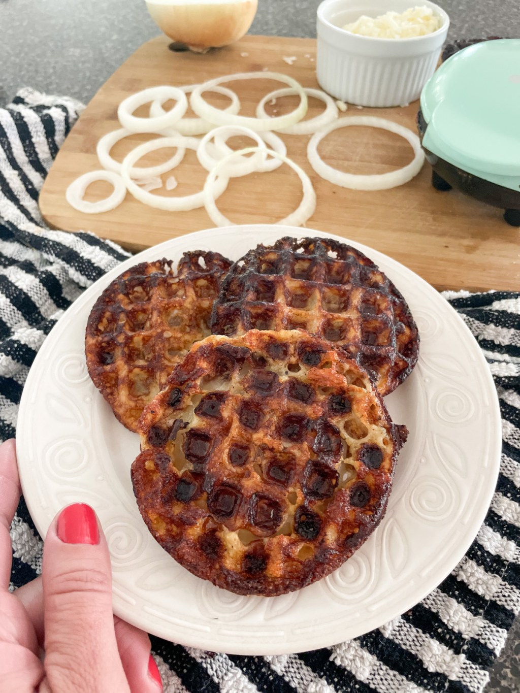 plate of keto onion rings chaffle style