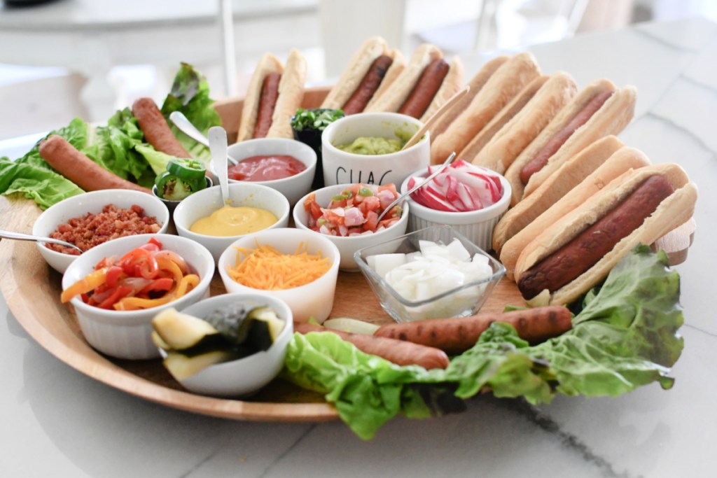 hot dog charcuterie board on the counter