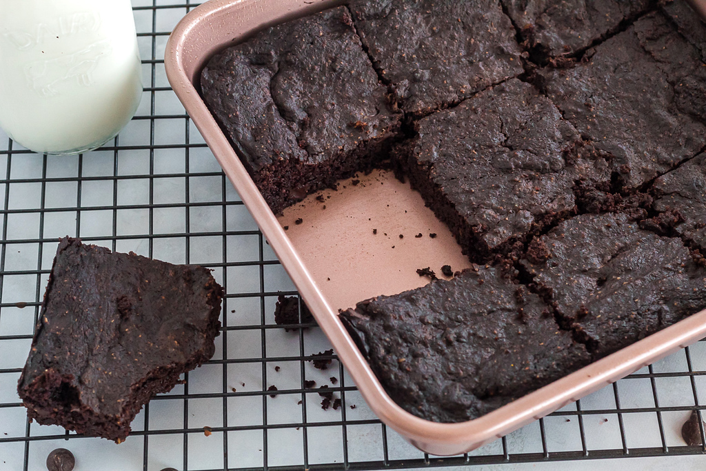 keto avocado brownies in pan 