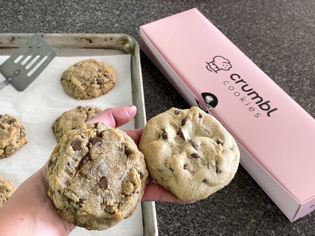 holding keto Crumbl cookies dupe with real thing