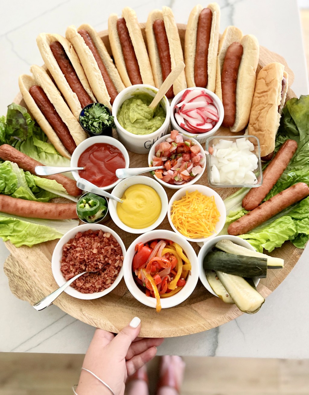 large hot dog board with keto hot dog buns