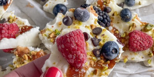 Keto Frozen Greek Yogurt Bark with Berries, Pistachios, & Keto Chocolate Chips