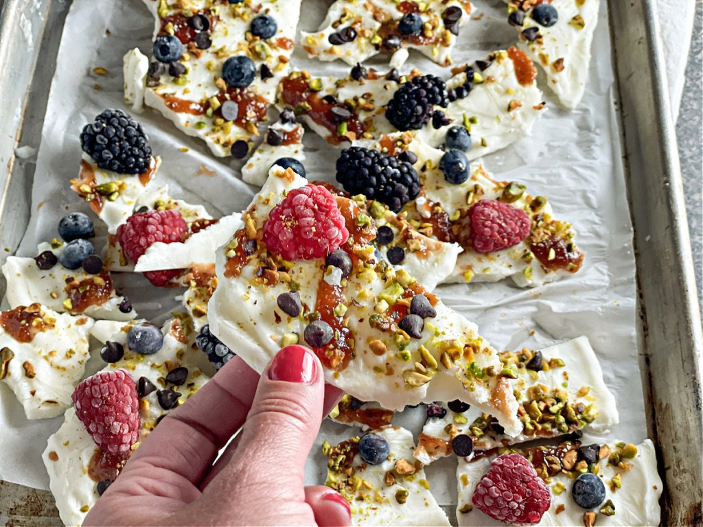 holding a piece of Keto Frozen Greek Yogurt Bark