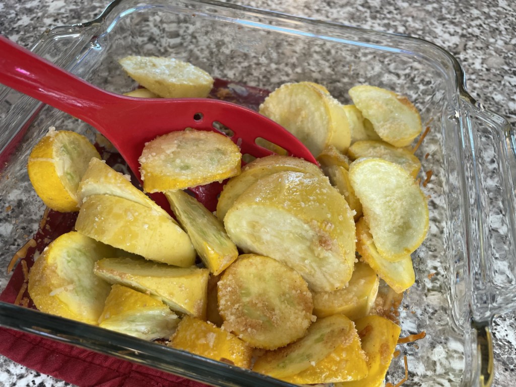 roasted yellow squash in a baking dish