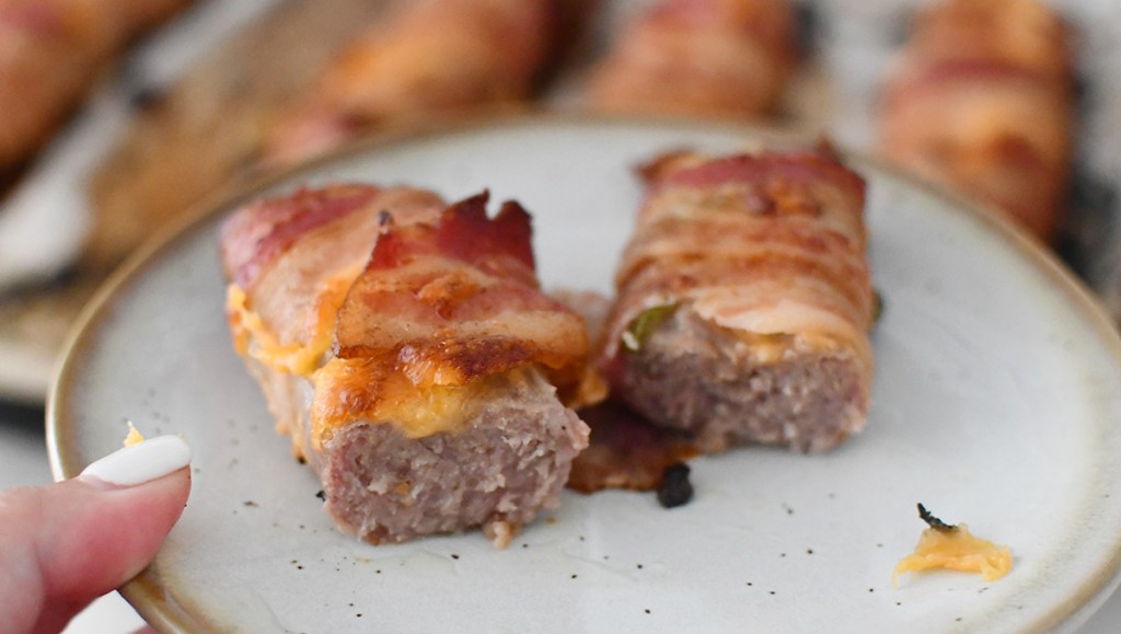 bacon wrapped keto stuffed sausage