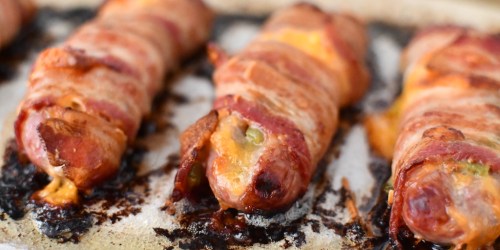 Bacon Wrapped Sausage Stuffed with Cheese and Jalapeños