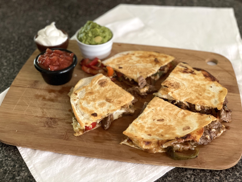 keto fajita steak quesadillas on cutting board 