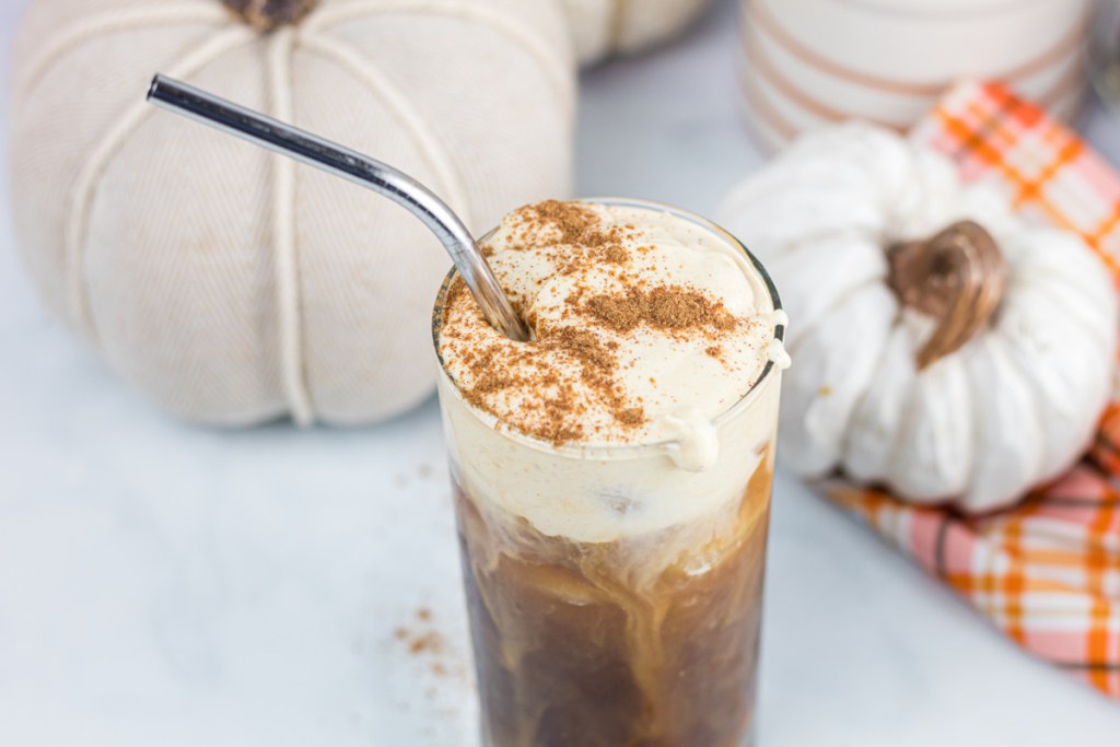 Keto pumpkin cream cold brew recipe in a glass with straw