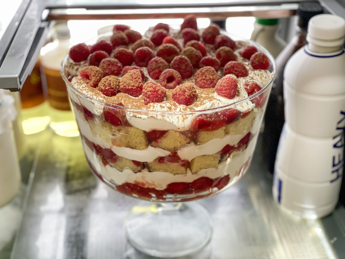 keto raspberry trifle in the fridge