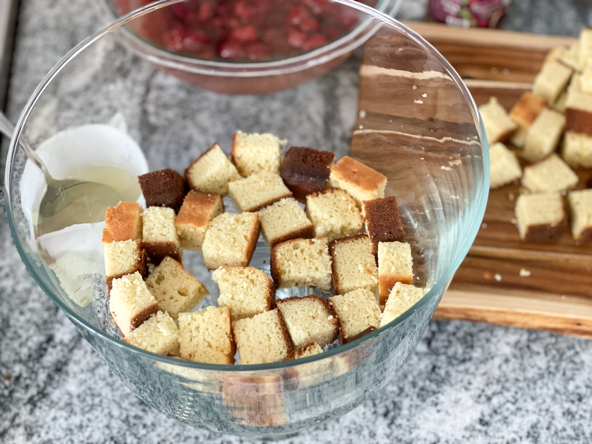 keto pound cake in a trifle bowl