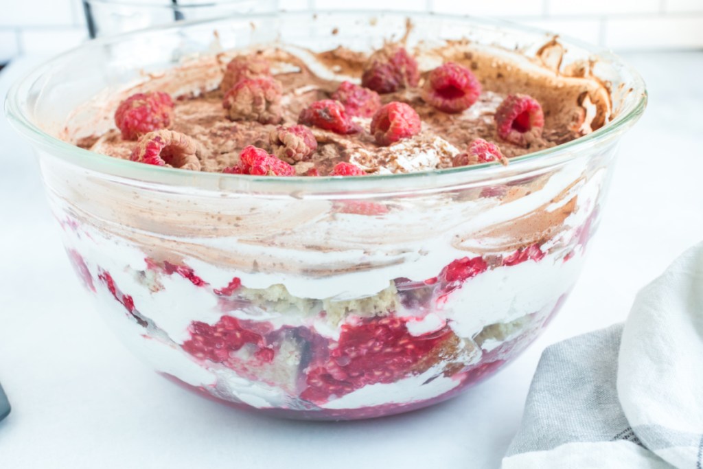keto raspberry trifle in a bowl