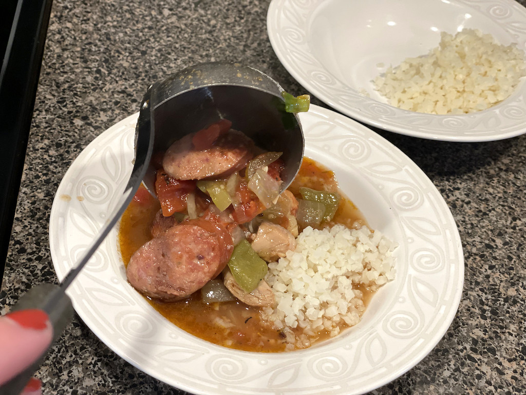 serving keto gumbo over cauliflower rice 