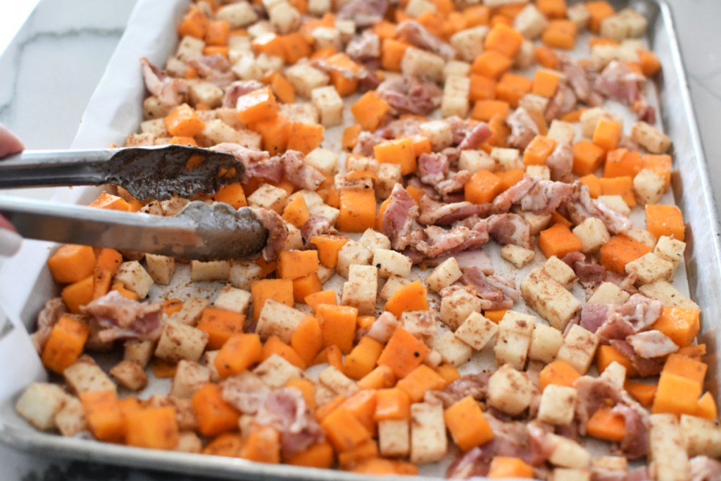 sheet pan with fresh butternut squash and jicama