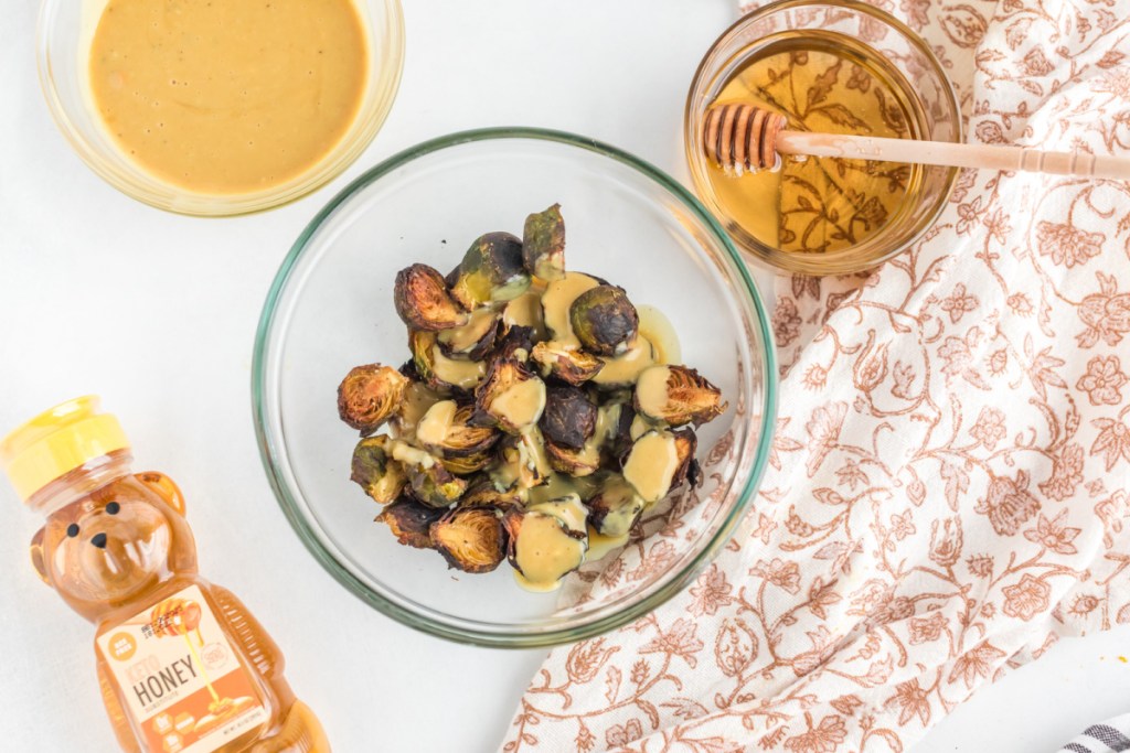 keto honey mustard sauce on brussels sprouts