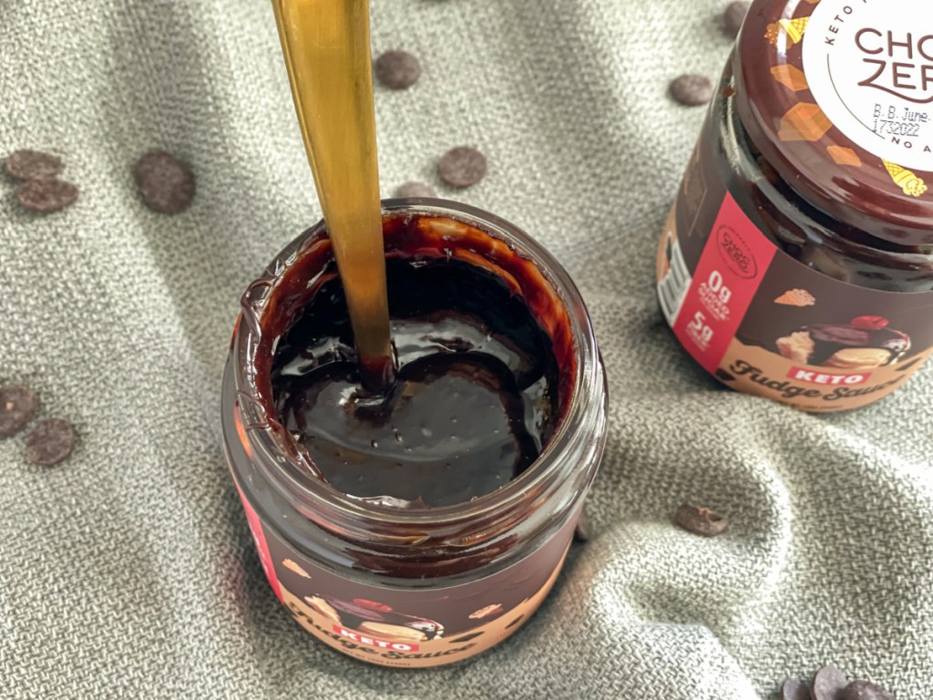open jar of choczero keto hot fudge sauce