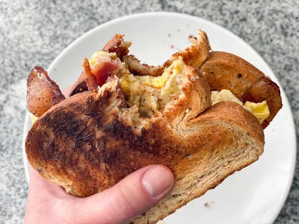 breakfast sandwich made with Hero Bread Seeded bread