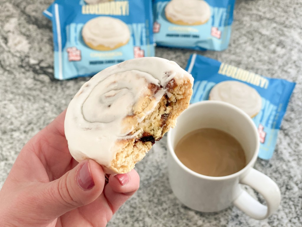 legendary foods cinnamon protein sweet roll with coffee