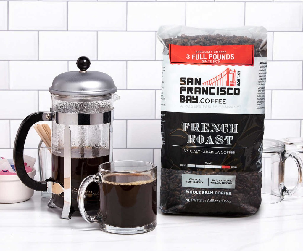 San Francisco Bay Coffee and French Press on kitchen counter. This product has costco instant savings this month.