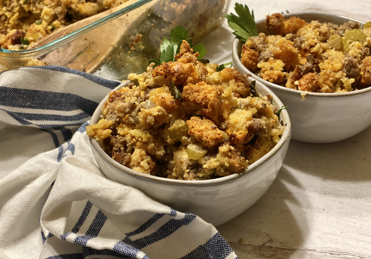 A bowl of keto stuffing, our favorite low carb turkey dressing recipe