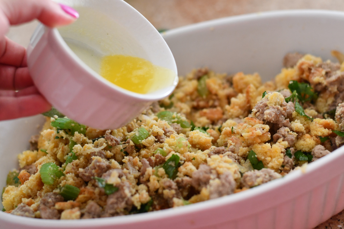 Adding butter to homemade keto turkey dressing (or low carb stuffing)