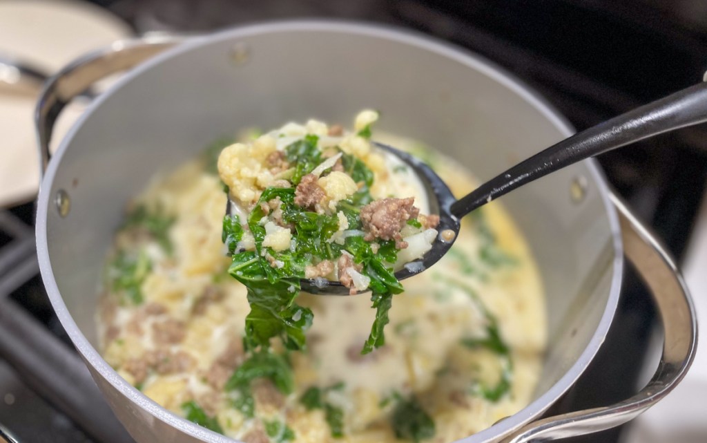 keto zuppa toscana soup in pot with ladle of soup