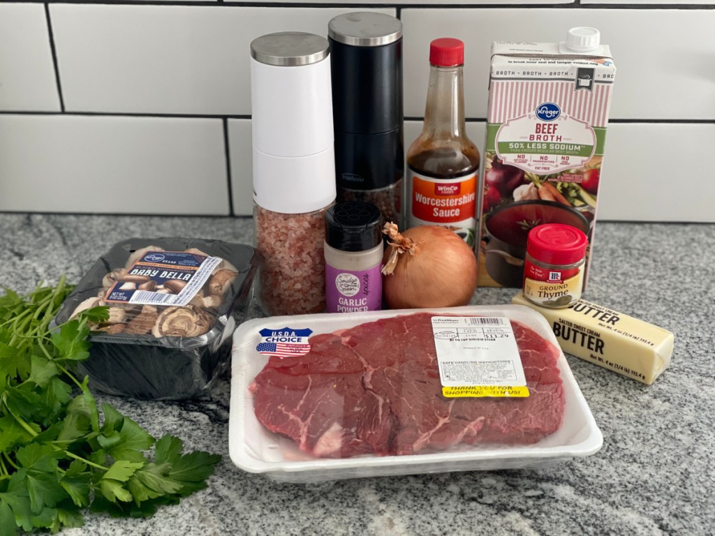 keto beef tips recipe ingredients on a counter