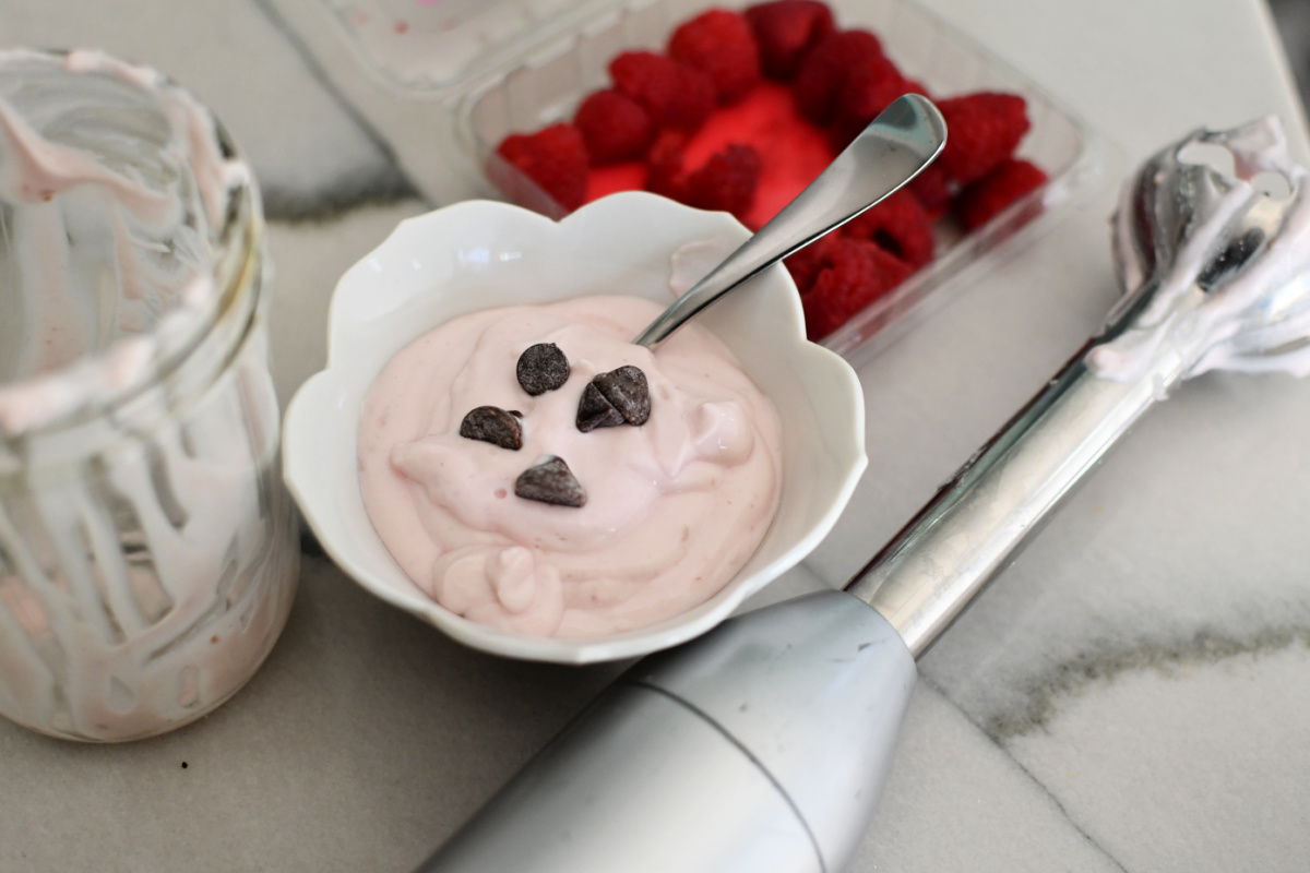 raspberry mousse in a small bowl 