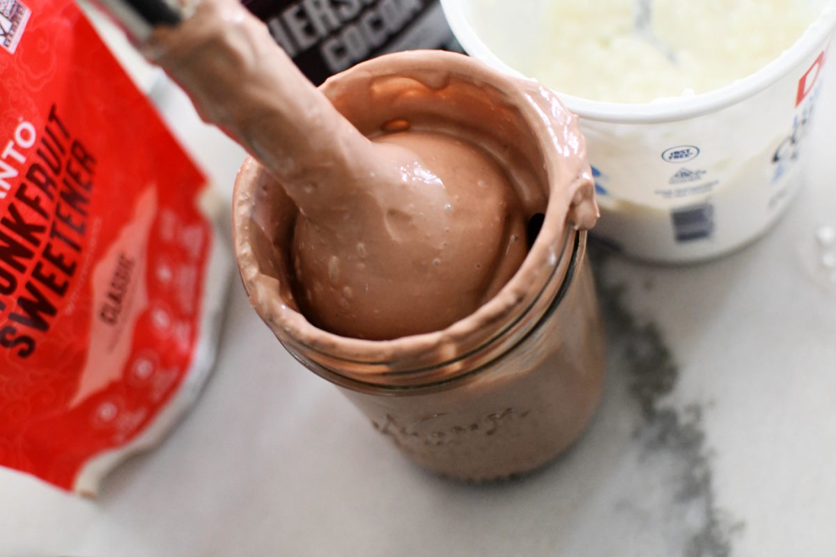 using a stick blender to make keto mousse