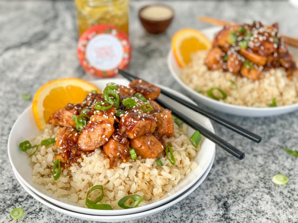 plated keto orange chicken made with ChocZero orange marmalade