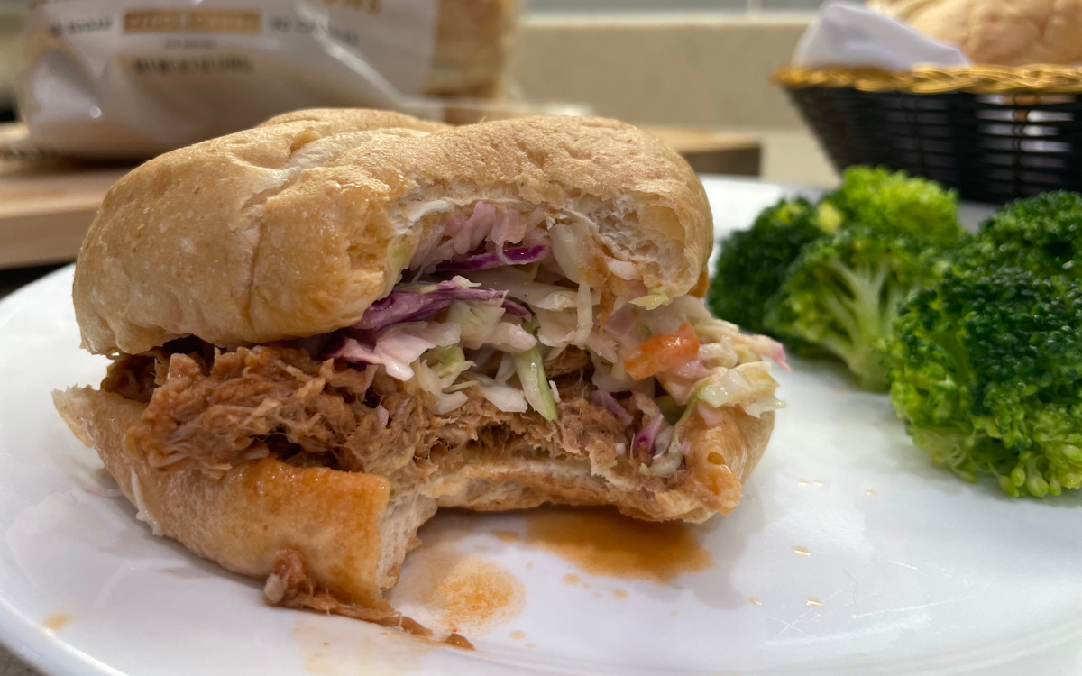 pulled pork and cole slaw keto sandwich with broccoli 