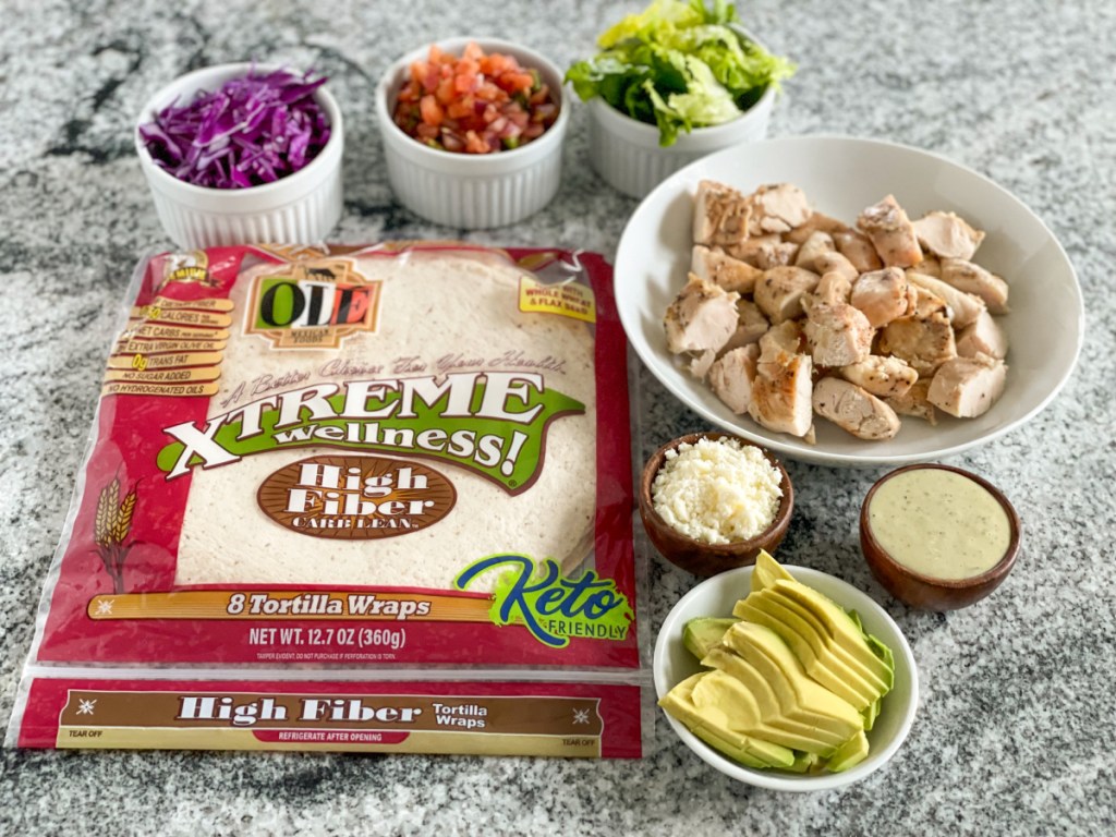 keto easy burrito ingredients on a counter