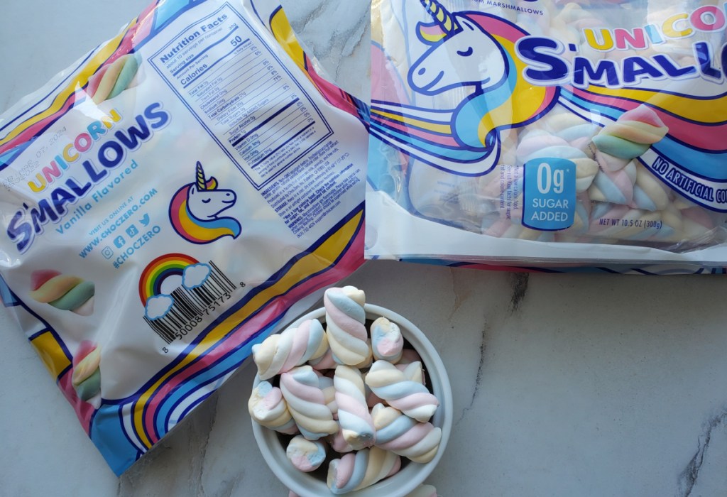 unicorn mashmallows bags and bowl full of them