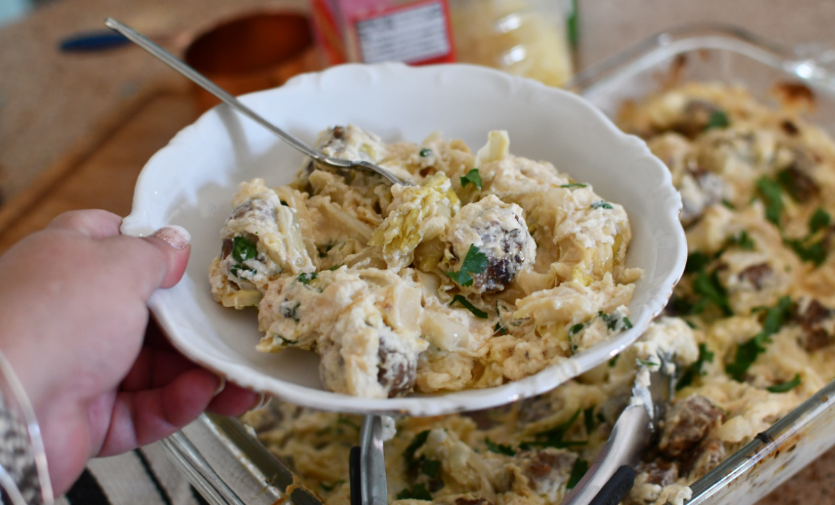 Keto sausage cabbage casserole with alfredo sauce 