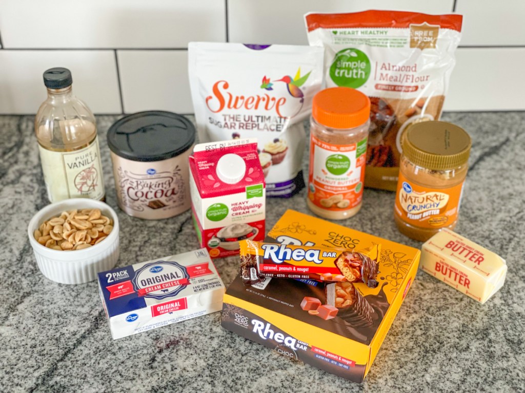 keto snickers pie ingredients on a countertop