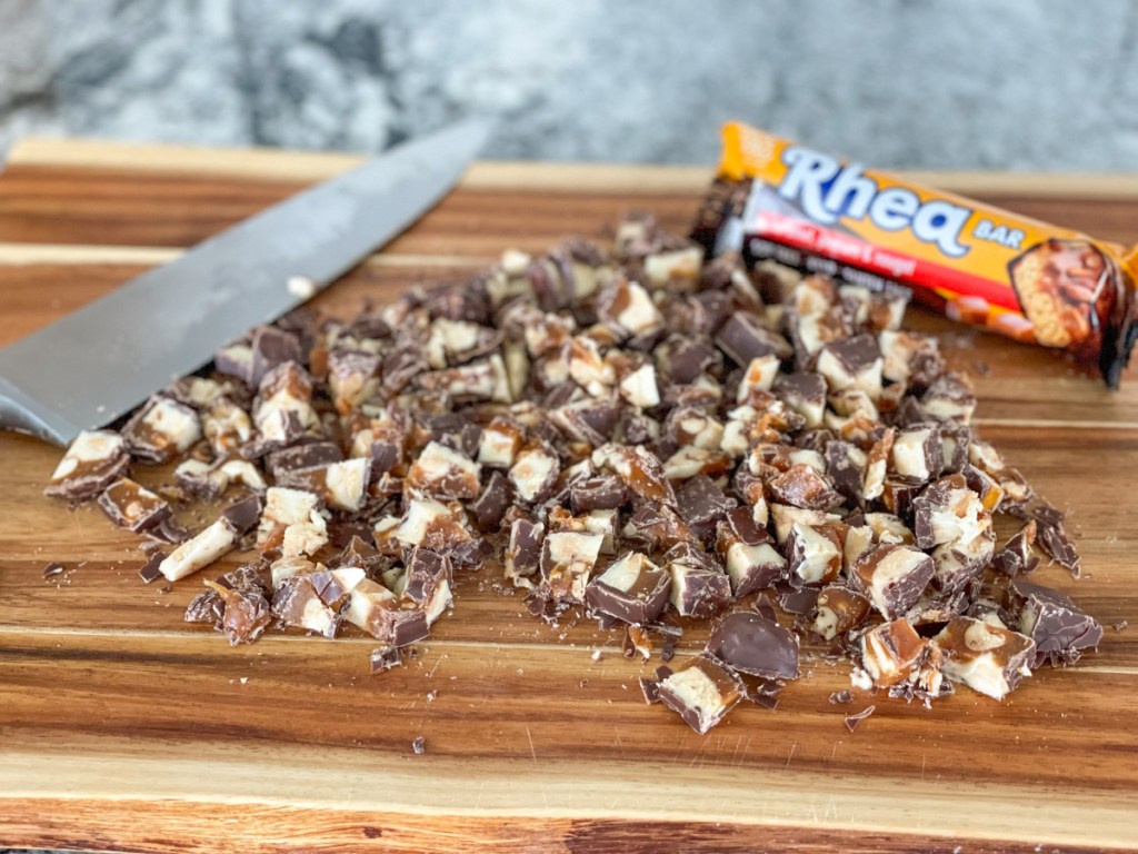 ChocZero Rhea Bar chopped up on a cutting board