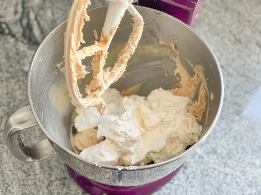 keto snickers pie filling in a mixing bowl