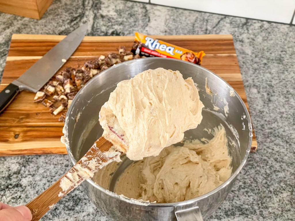 keto snickers pie filling in a mixing bowl