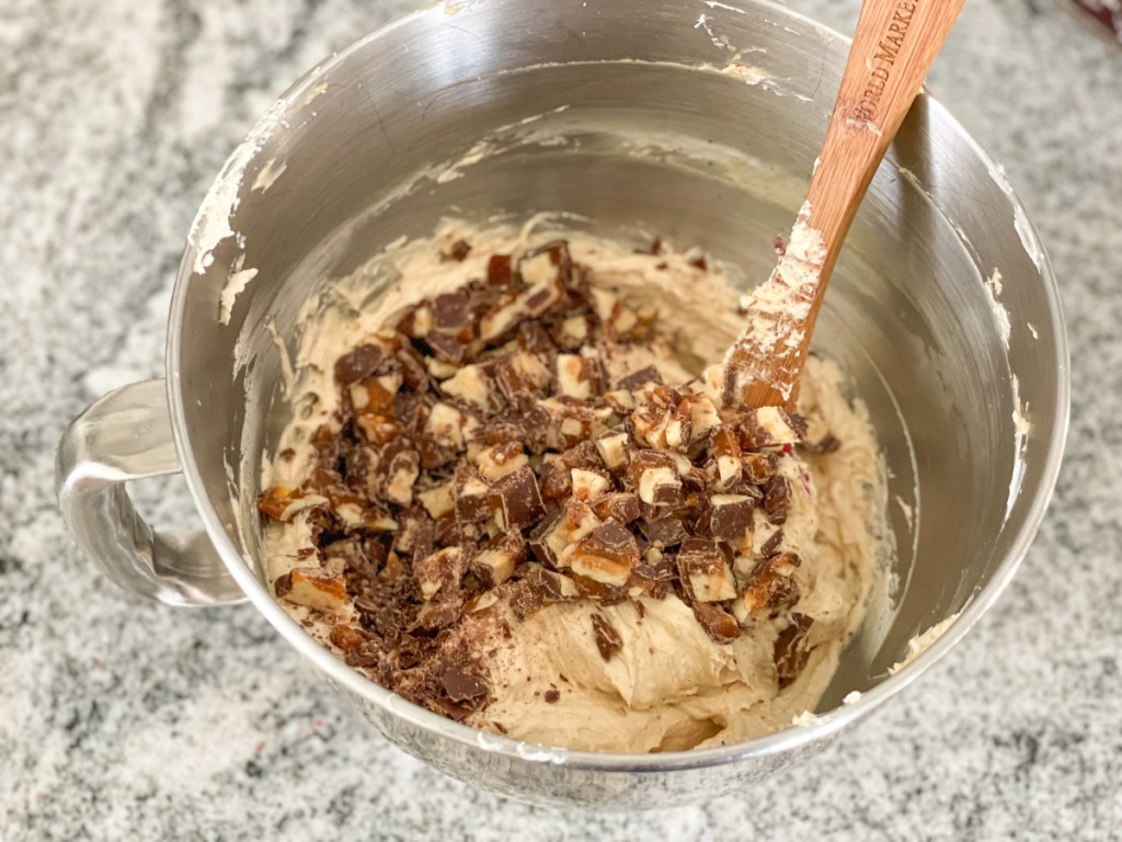 keto snickers pie filling with choczero rhea bar pieces getting mixed in
