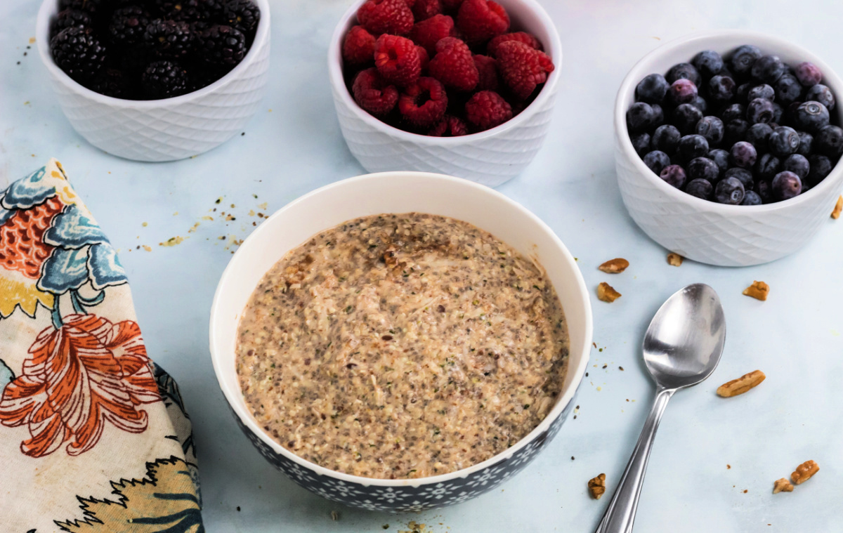 A bowl of low carb oatmeal made with chia and flax seeds