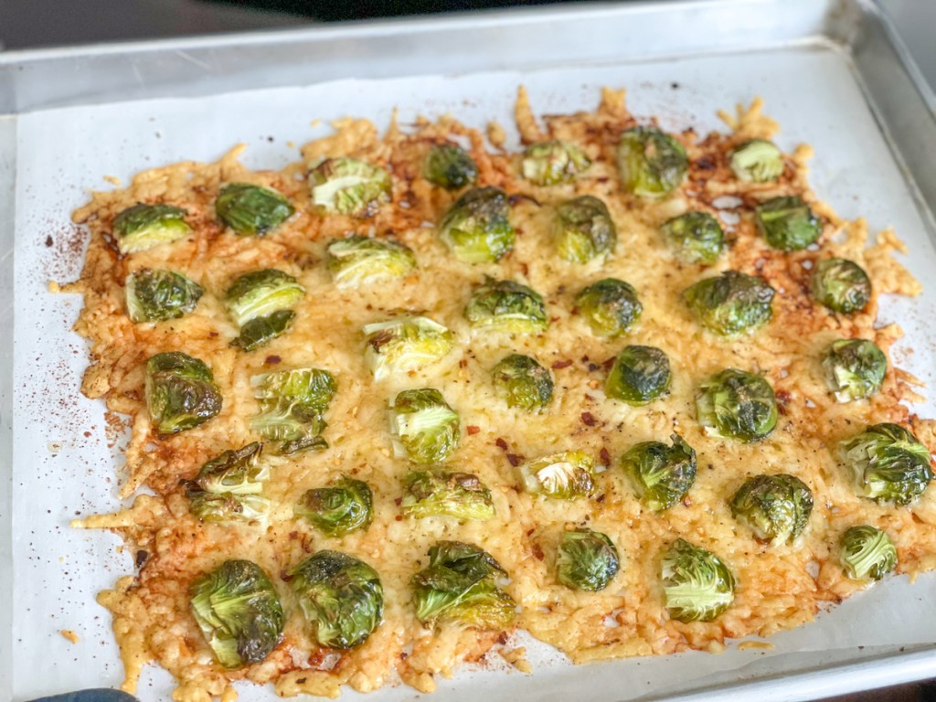 roasted parmesan brussels sprouts on a baking sheet