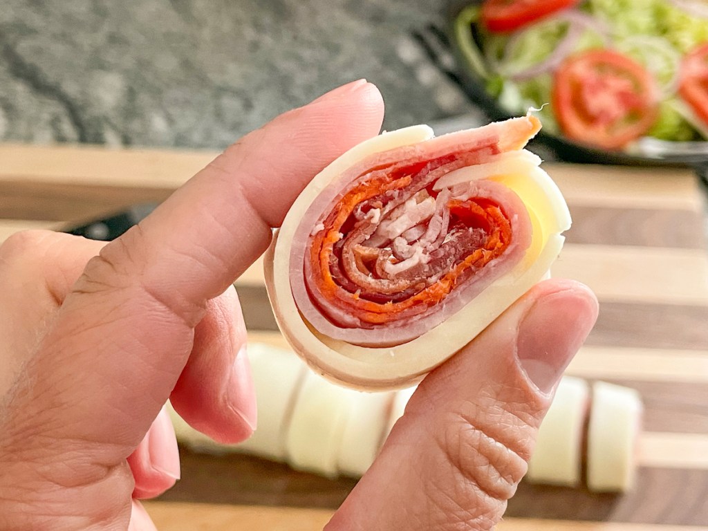 pinwheel of sliced lunch meats and cured meats