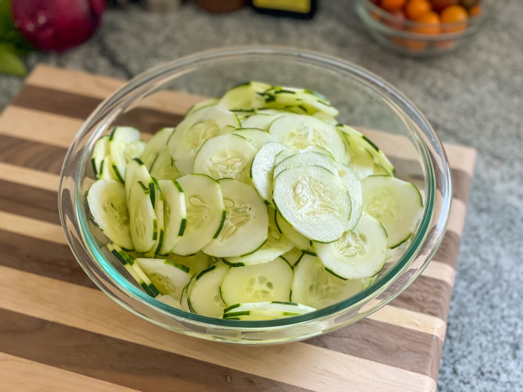 sliced cucumbers in a bowl