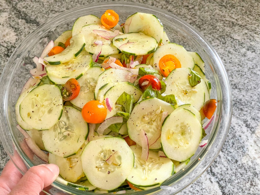 keto cucumber salad in a bowl