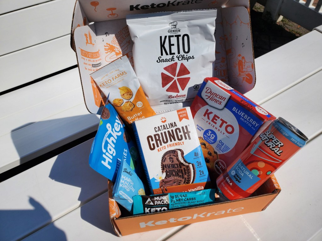 A keto krate box filled with low carb and keto friendly snacks