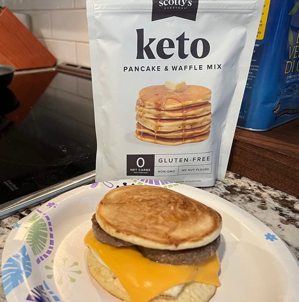 Scotty's Everyday pancake and waffle mix used to make a breakfast sandwich